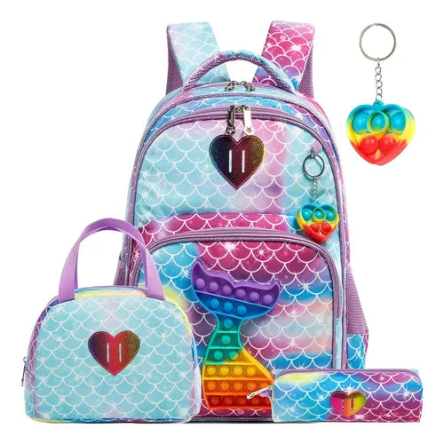 MOCHILA ESCOLAR 3 PIEZAS POPIT SIRENA