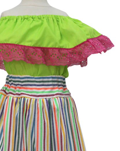 SET FALDA ADELITA RAYAS  BLUSA CAMPESINA VERDE LIMÓN ENCAJE ROSA