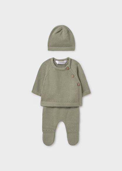 Conjunto regalo 3 piezas tricot unisex, verde salvia