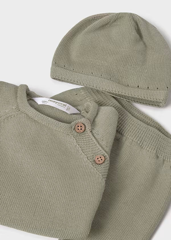 Conjunto regalo 3 piezas tricot unisex, verde salvia