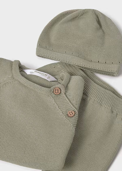 Conjunto regalo 3 piezas tricot unisex, verde salvia