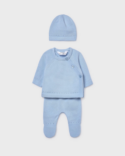 Conjunto regalo 3 piezas tricot unisex, azul cielo