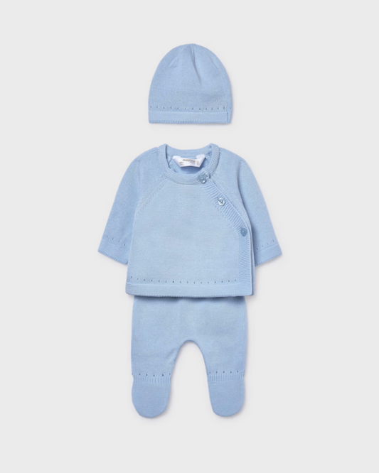 Conjunto regalo 3 piezas tricot unisex, azul cielo