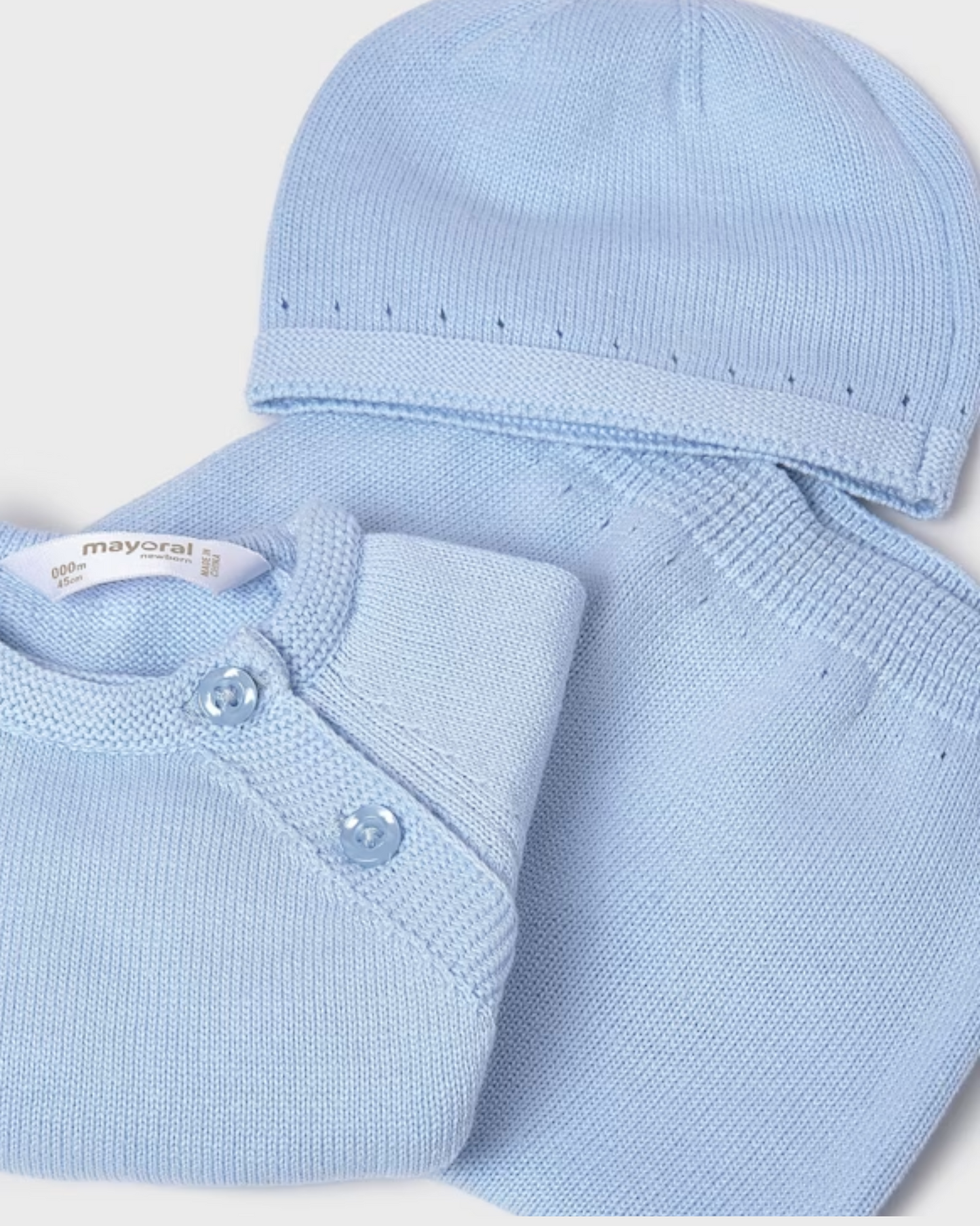 Conjunto regalo 3 piezas tricot unisex, azul cielo