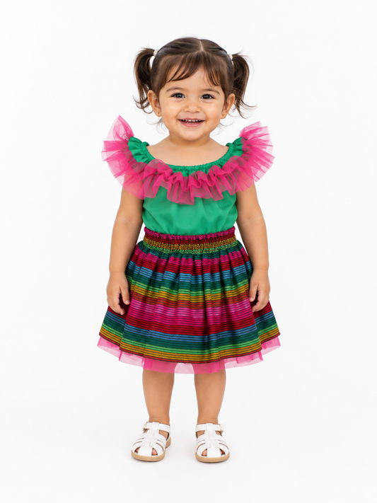 SET PATRIO TUTU CON BLUSA CAMPESINA VERDE ENCAJE ROSA, FALDA CAMBAYA A RAYAS