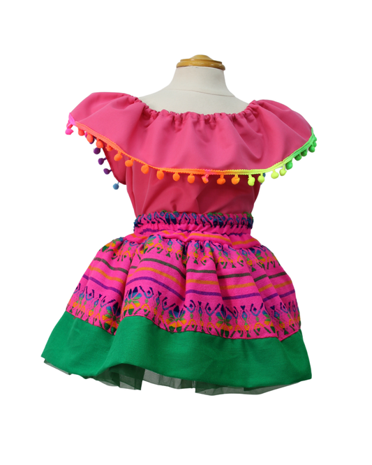 SET PATRIO TUTU CON BLUSA CAMPESINA ROSA POMPON ARCOIRIS, FALDA RAYAS CAMBAYA