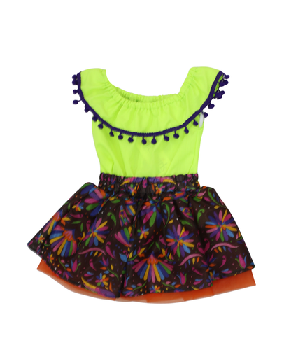 SET PATRIO TUTU CON BLUSA CAMPESINA NEON POMPON AZUL, FALDA PAJAROS