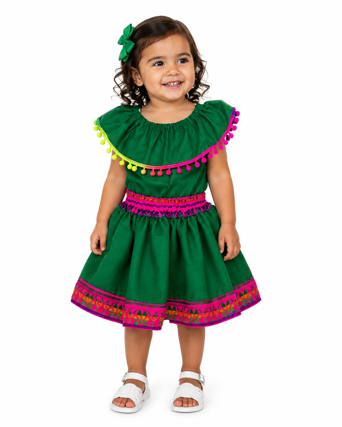 SET PATRIO TUTU CON BLUSA CAMPESINA VERDE POMPON ARCOIRIS, FALDA CAMBAYA VERDE