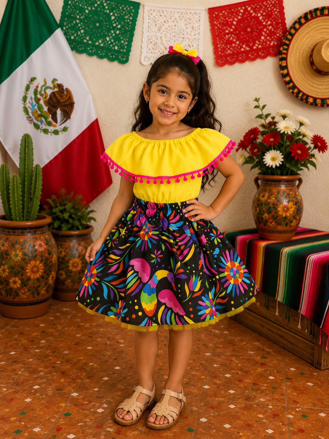 SET PATRIO TUTU CON BLUSA CAMPESINA AMARILLA POMPON ROSA, FALDA NEGRA ELEMENTOS MEXICANOS