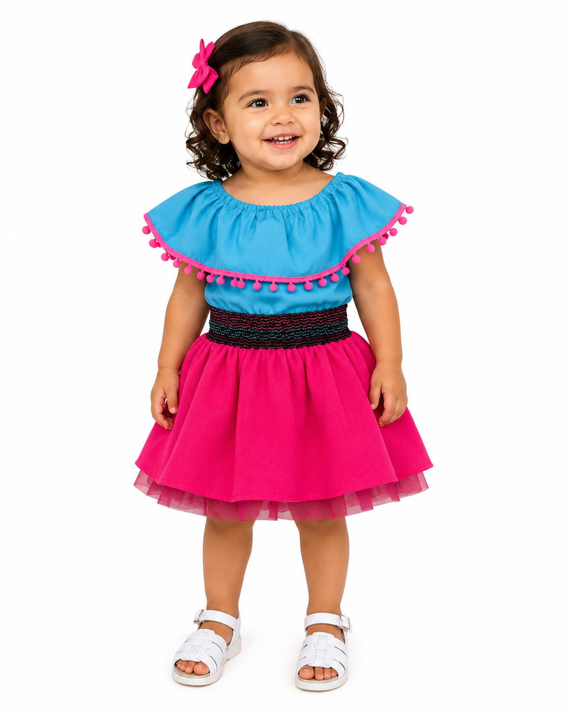 SET PATRIO TUTU CON BLUSA CAMPESINA AZUL POMPON ROSA, FALDA CAMBAYA ROSA