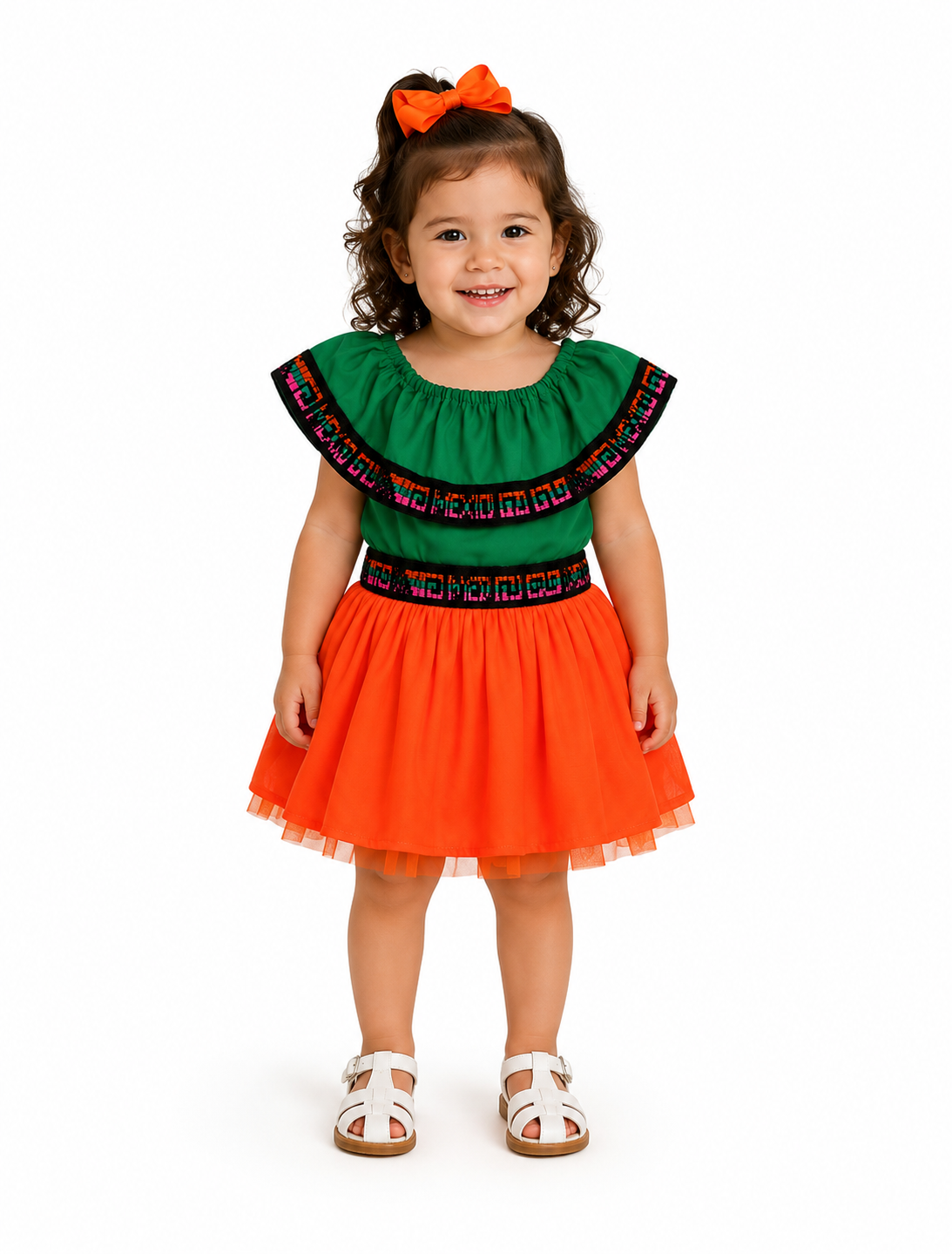 SET PATRIO TUTU CON BLUSA CAMPESINA VERDE, FALDA NARANJA