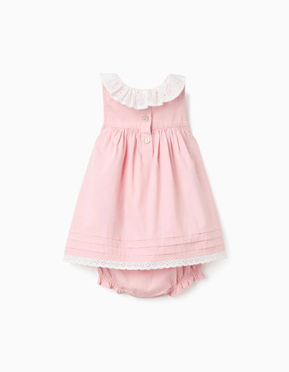 Vestido de popelín + cubrepañal con volantes para recién nacida, rosa