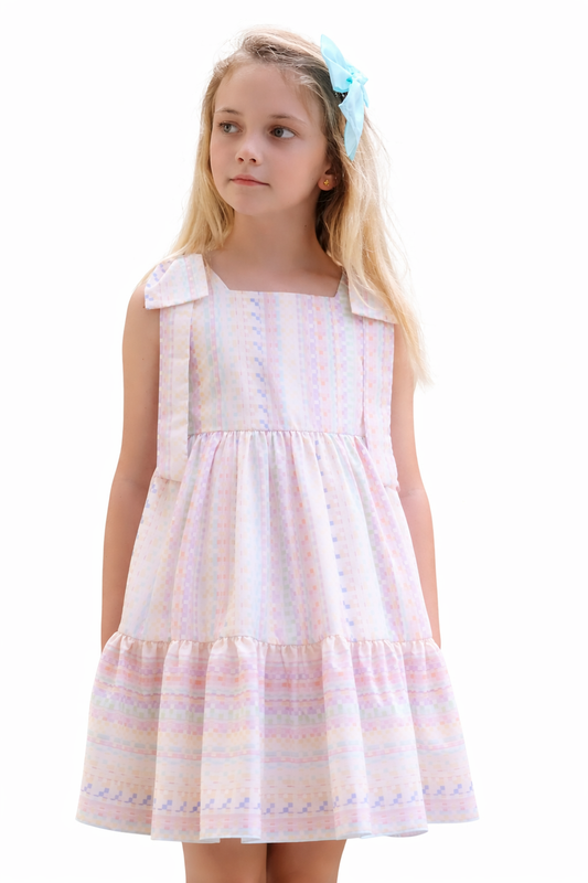 Vestido cuadros pastel, moño en tirantes