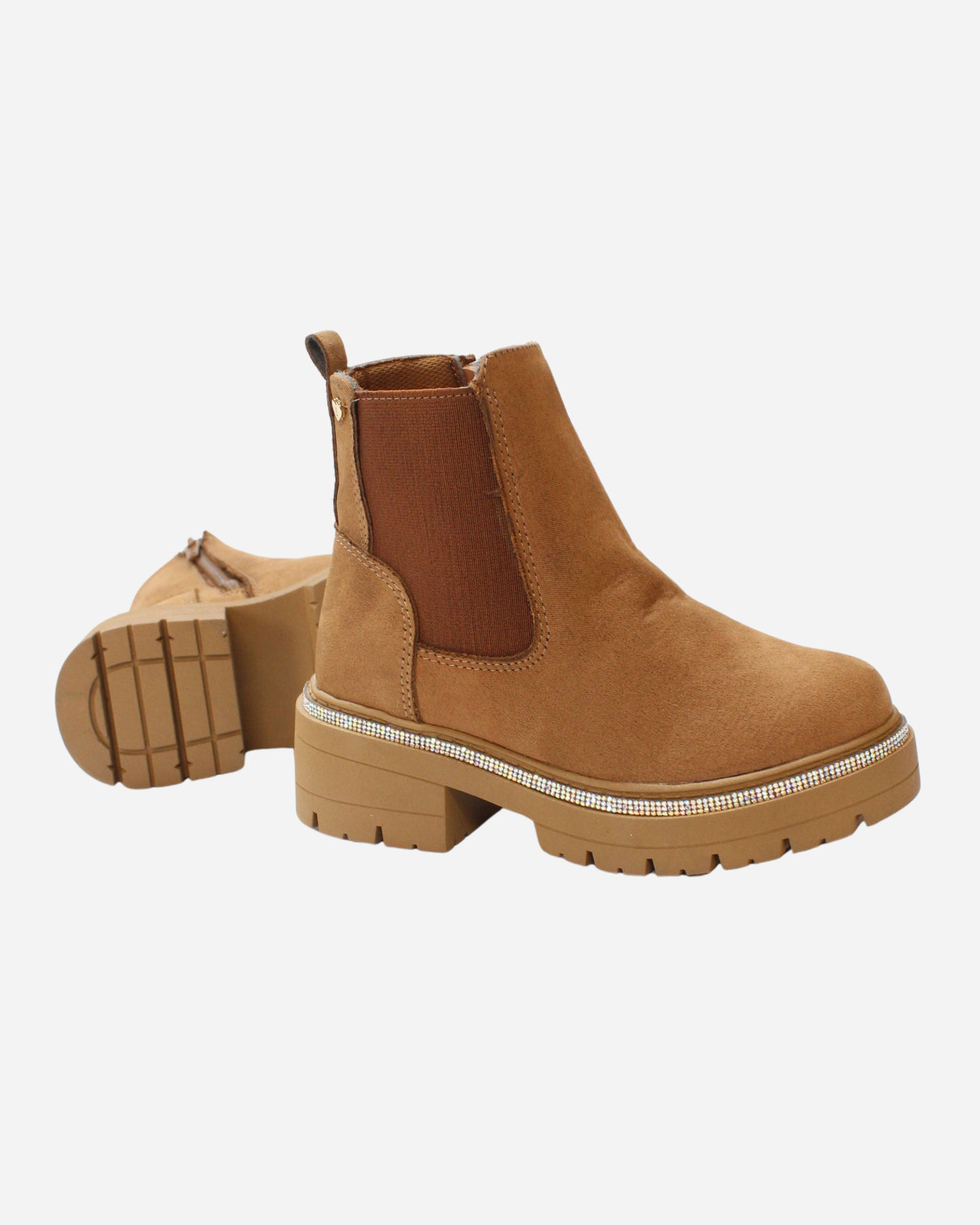 Botin gamuza camel tira cristales en suela
