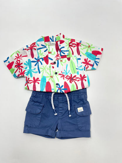 Set camisa palmas con short azul bolsas laterales, bebe