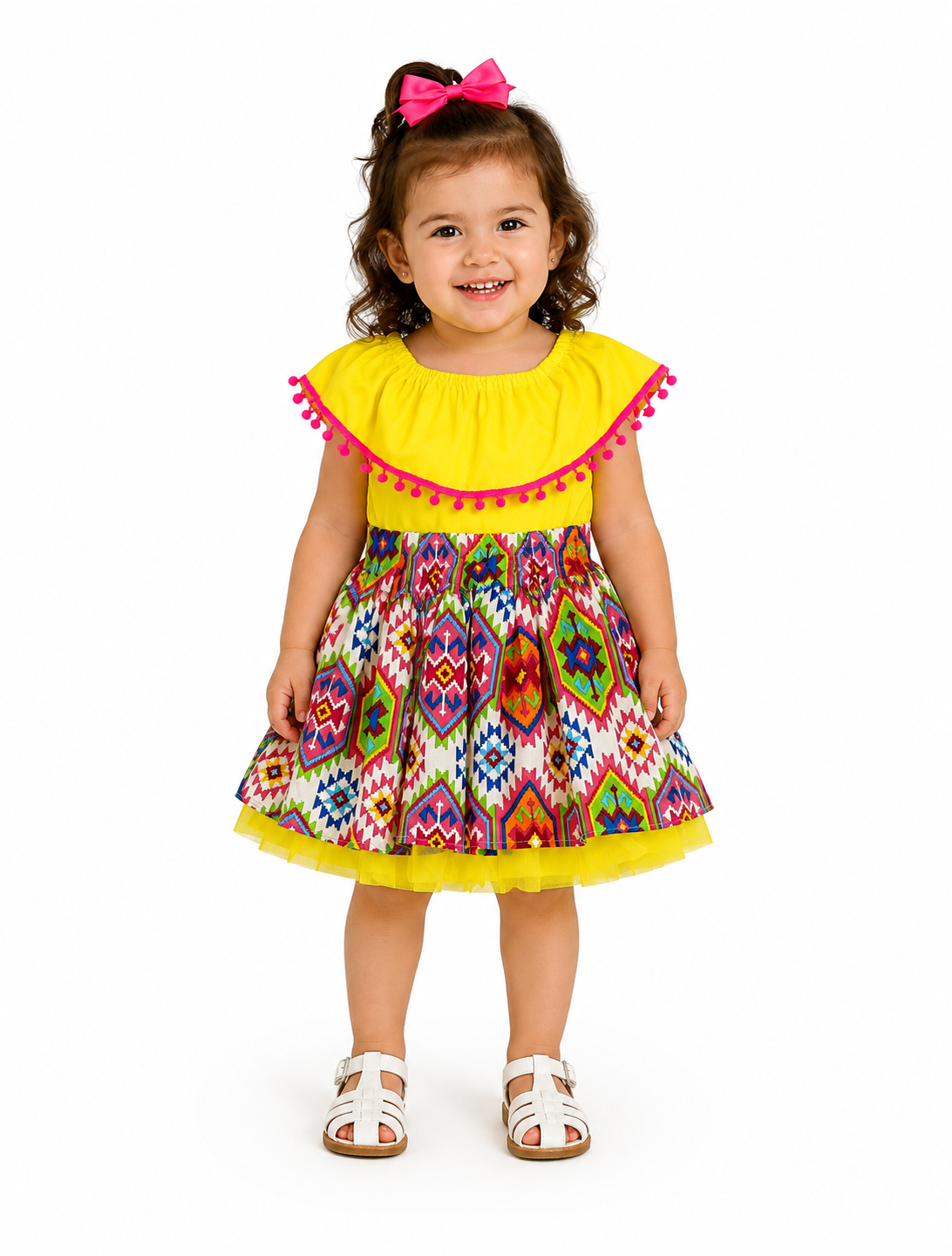 SET PATRIO TUTU CON BLUSA CAMPESINA AMARILLO POMPON ROSA, FALDA BLANCA GEOMETRIA