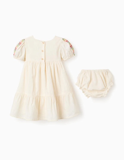 Vestido de lino con bordado + cubrepañal para bebé niña, beige claro