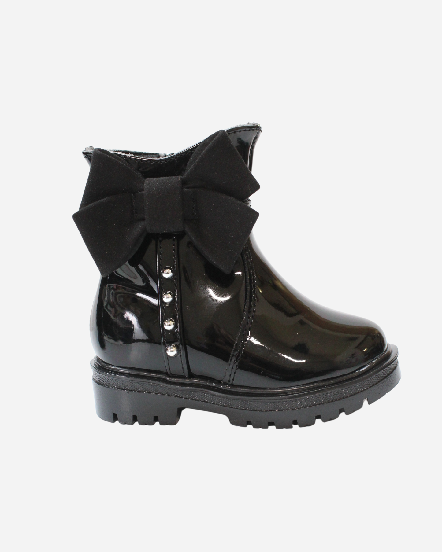 Botin charol negro moño lateral 4 perlas