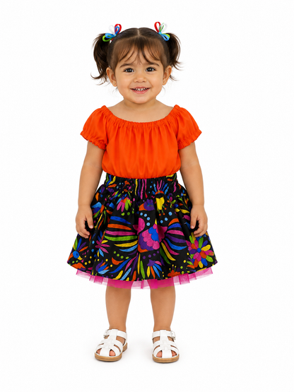 SET PATRIO TUTU CON BLUSA CAMPESINA NARANJA, FALDA PAJAROS