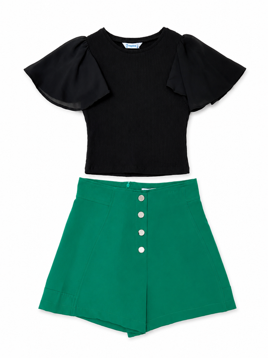Set Blusa Negra Manga Volada Short Verde Tiro Alto con Botones Oro, Mayoral
