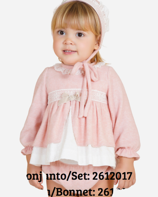 Vestido tejido rosa cuello encaje ivory para bebe moda española