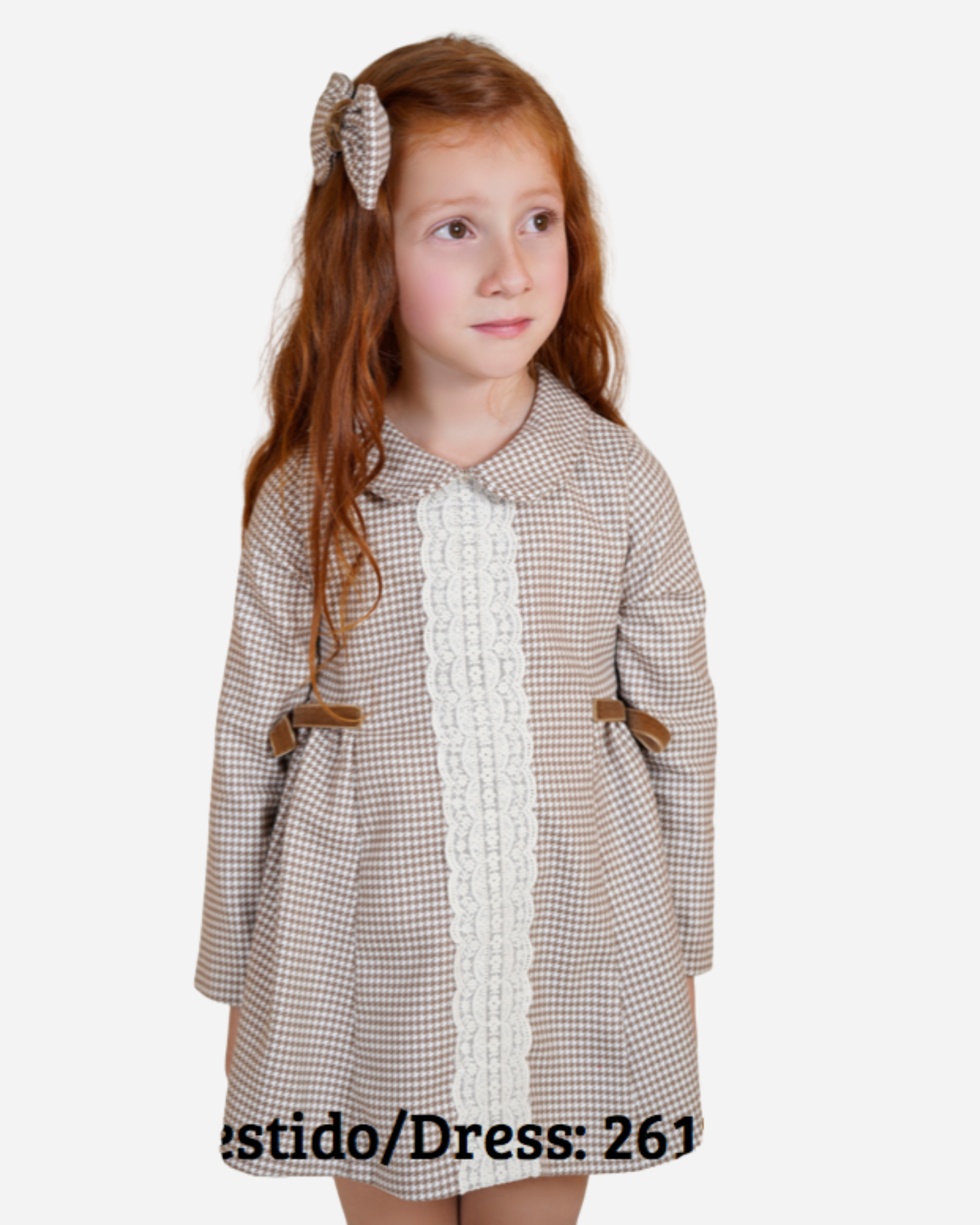 Vestido pata de gallo café, encaje horizontal