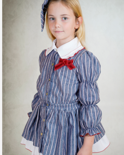 Vestido rayas azul blanco manga bombacha, diseño español