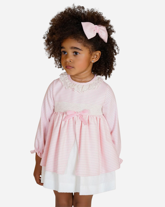 Vestido pata de gallo cuello encaje y punto roto falda interior