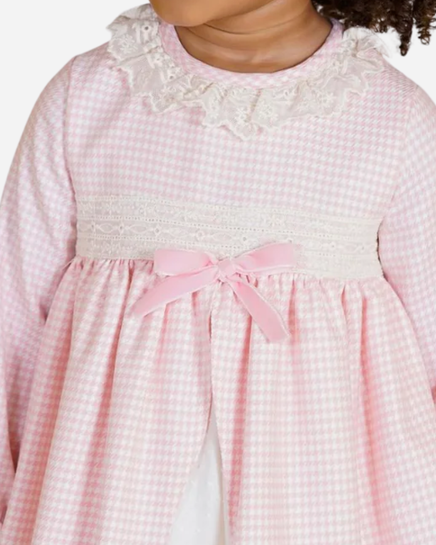 Vestido pata de gallo cuello encaje y punto roto falda interior