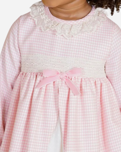 Vestido pata de gallo cuello encaje y punto roto falda interior