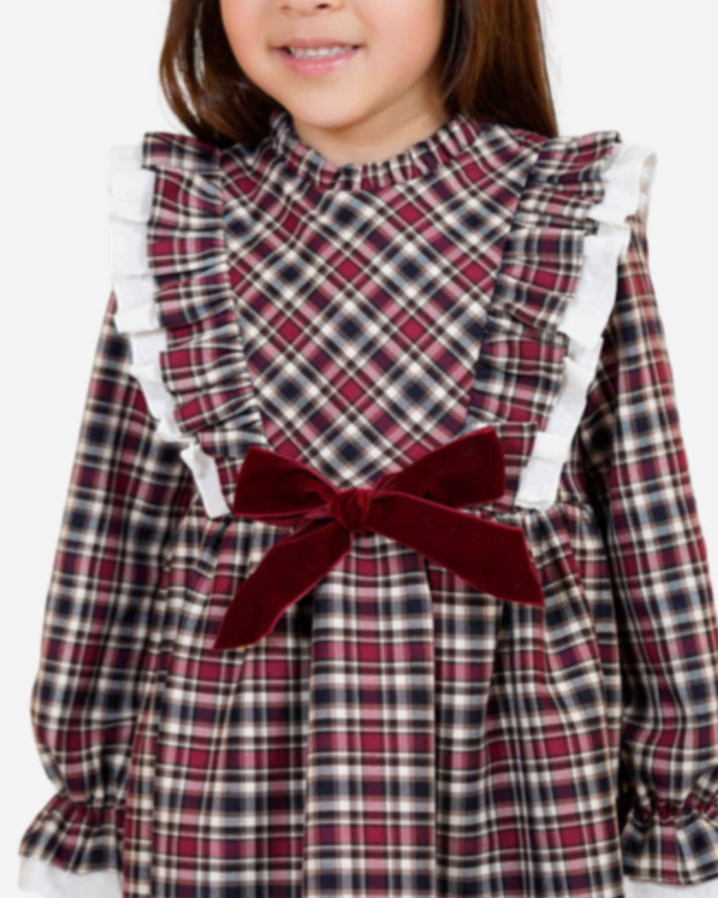 Vestido a cuadros color vino olanes verticales, moda española