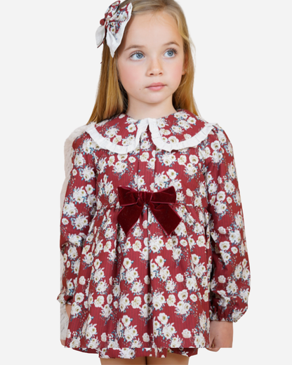 Vestido vino flores beige moño terciopelo, moda española