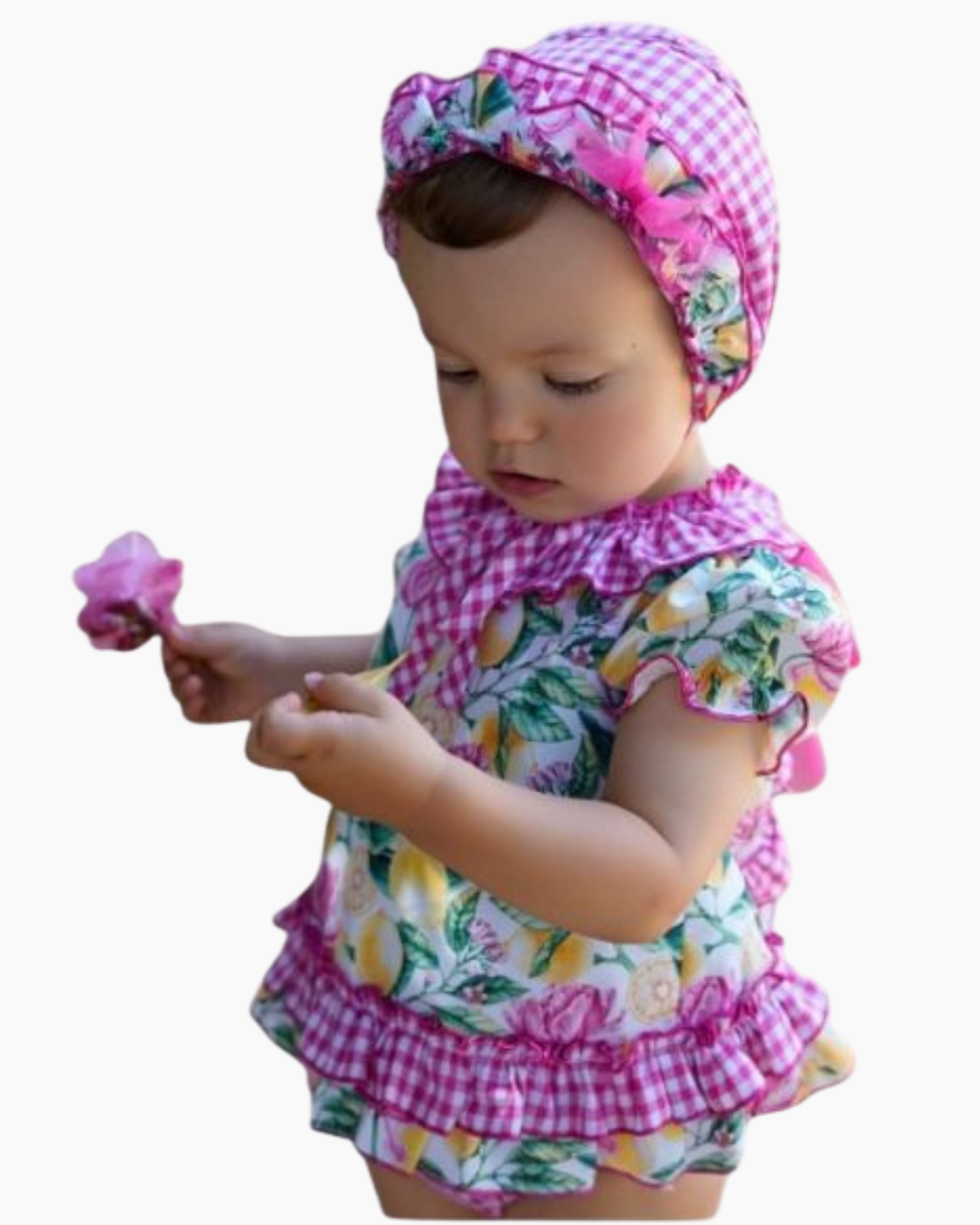 Vestido corto flores fucsia/limones con cubrecalzón para bebe
