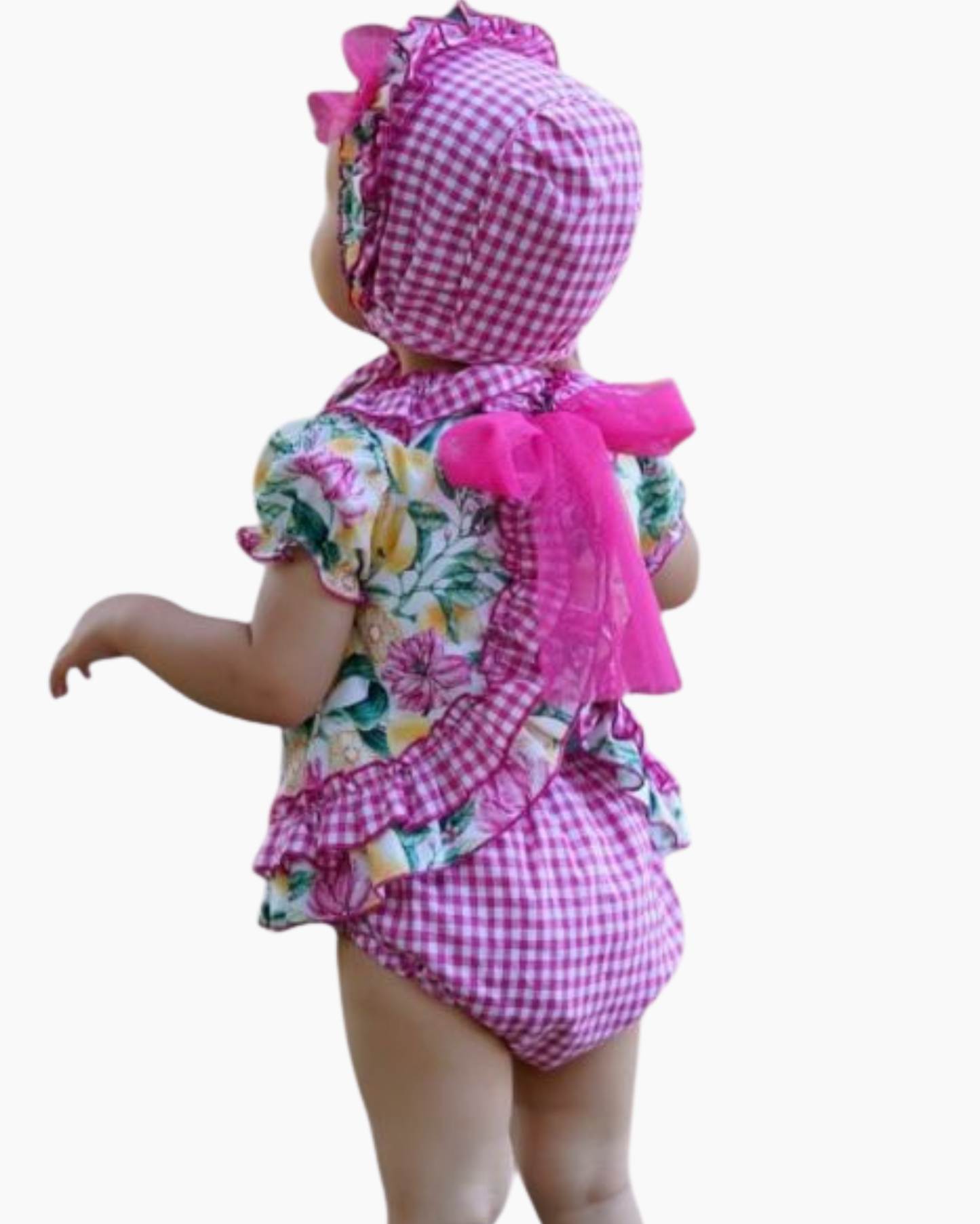 Vestido corto flores fucsia/limones con cubrecalzón para bebe