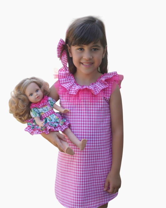 Vestido recto a cuadros rosa/fucsia cuello olan