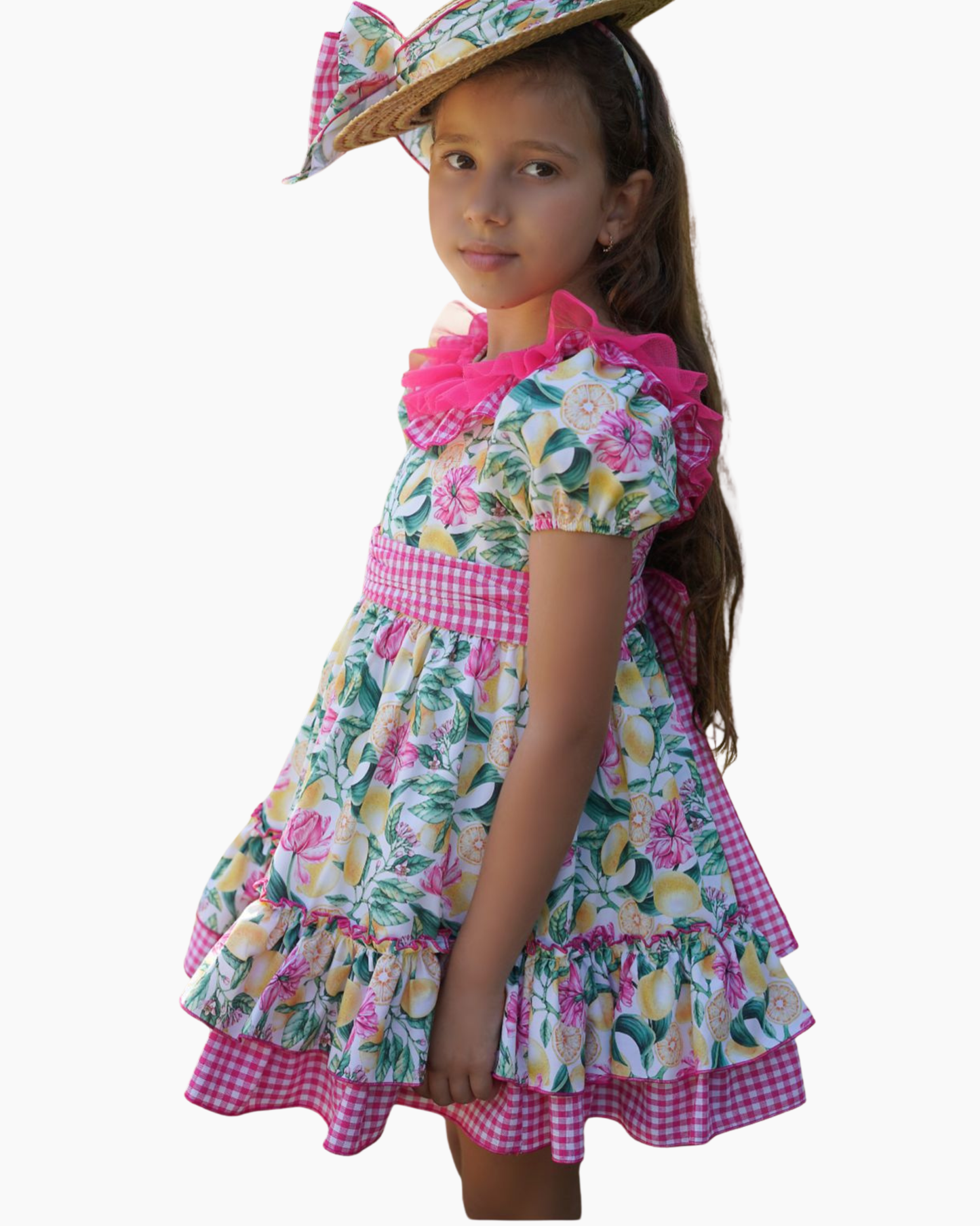 vestido flores fucsia, cinto a cuadroscuello olan