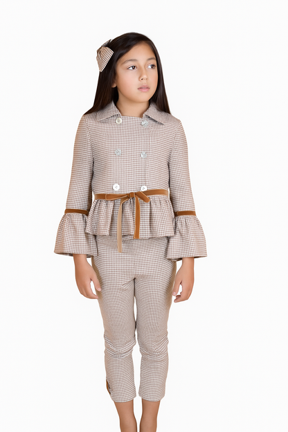 Set pata de gallo café, chaqueta manga campana y pantalón