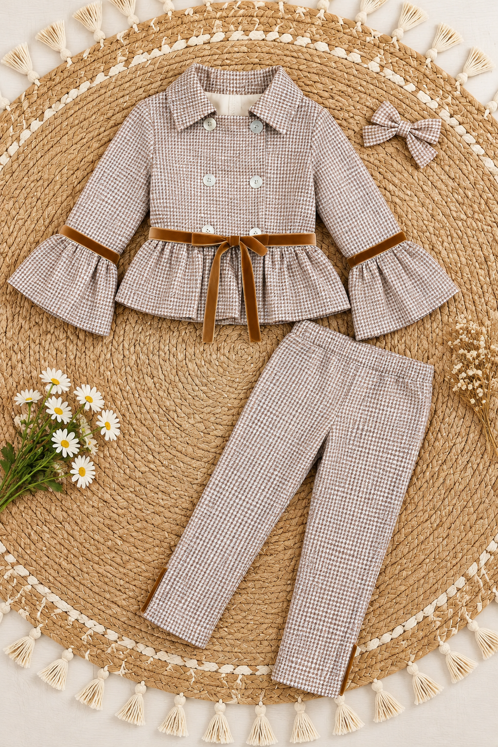 Set pata de gallo café, chaqueta manga campana y pantalón