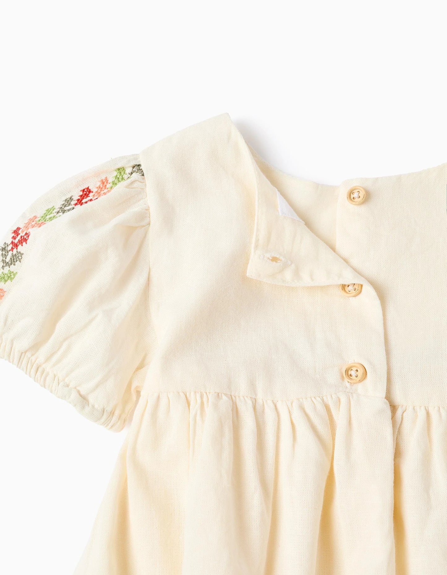 Vestido de lino con bordado + cubrepañal para bebé niña, beige claro
