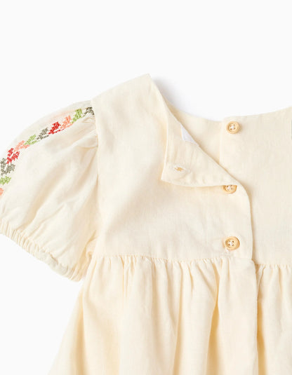 Vestido de lino con bordado + cubrepañal para bebé niña, beige claro