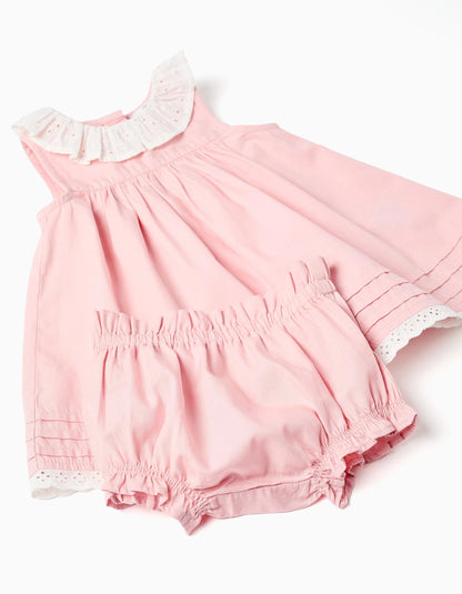 Vestido de popelín + cubrepañal con volantes para recién nacida, rosa