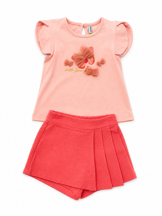 Conjunto blusa flores y Short Falda Tonos Melocoton