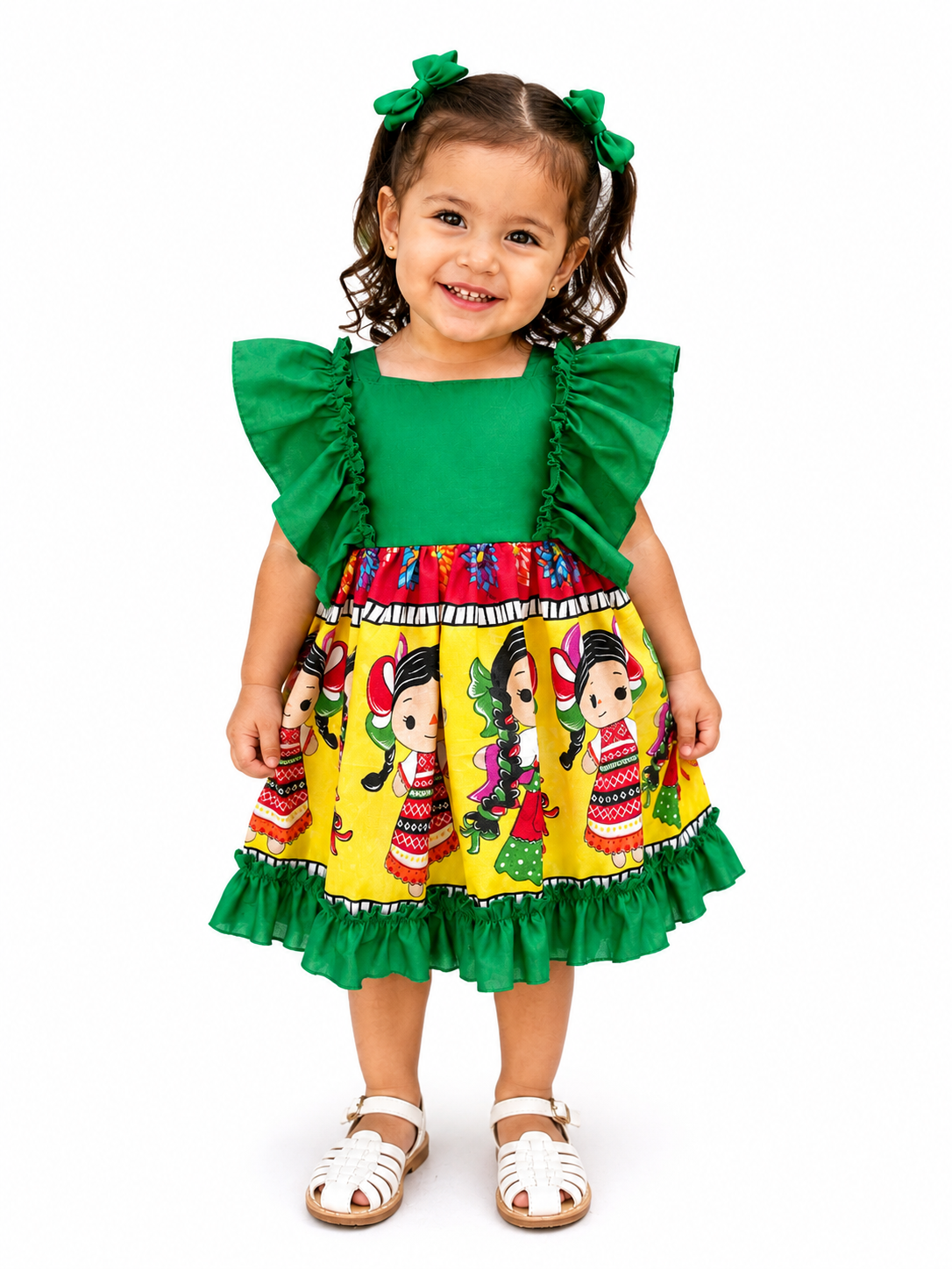VESTIDO ADELITA TIPICO PATRIO ELEGANTE PETO VERDE, FALDA VERDE MUÑECAS
