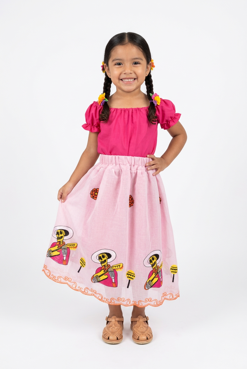 SET CATRINA BLUSA ROSA Y FALDA BLANCA CALAVERAS