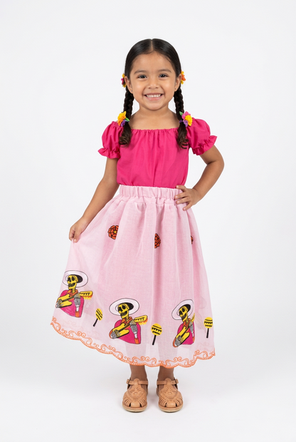 SET CATRINA BLUSA ROSA Y FALDA BLANCA CALAVERAS