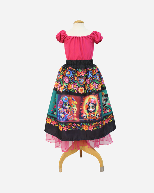 SET CATRINA BLUSA MANGA GLOBO Y FALDA MOTIVOS DIA DE MUERTOS