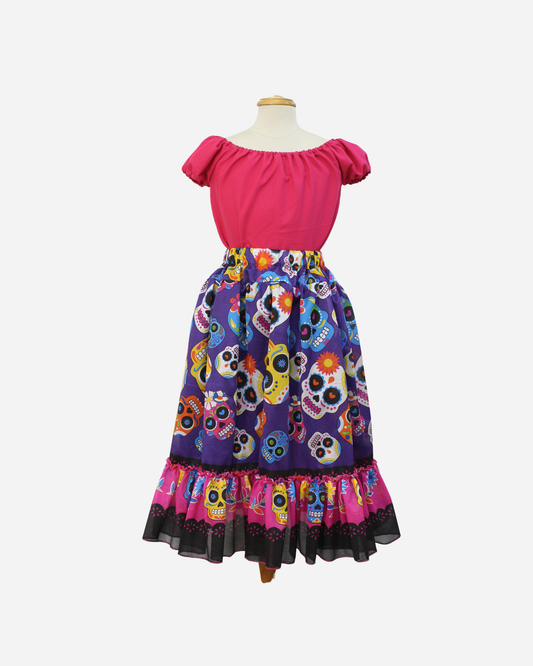 SET CATRINA BLUSA MANGA GLOBO Y FALDA MOTIVOS DIA DE MUERTOS