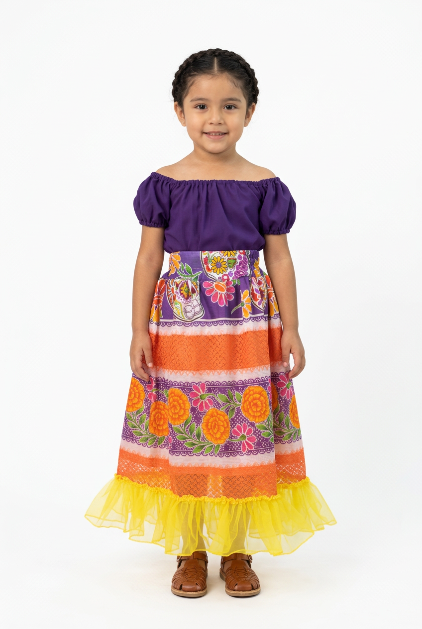 SET CATRINA BLUSA MORADA Y FALDA NARANJA FLORES