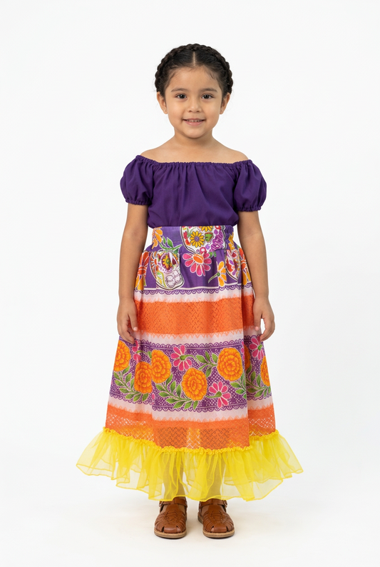 SET CATRINA BLUSA MORADA Y FALDA NARANJA FLORES