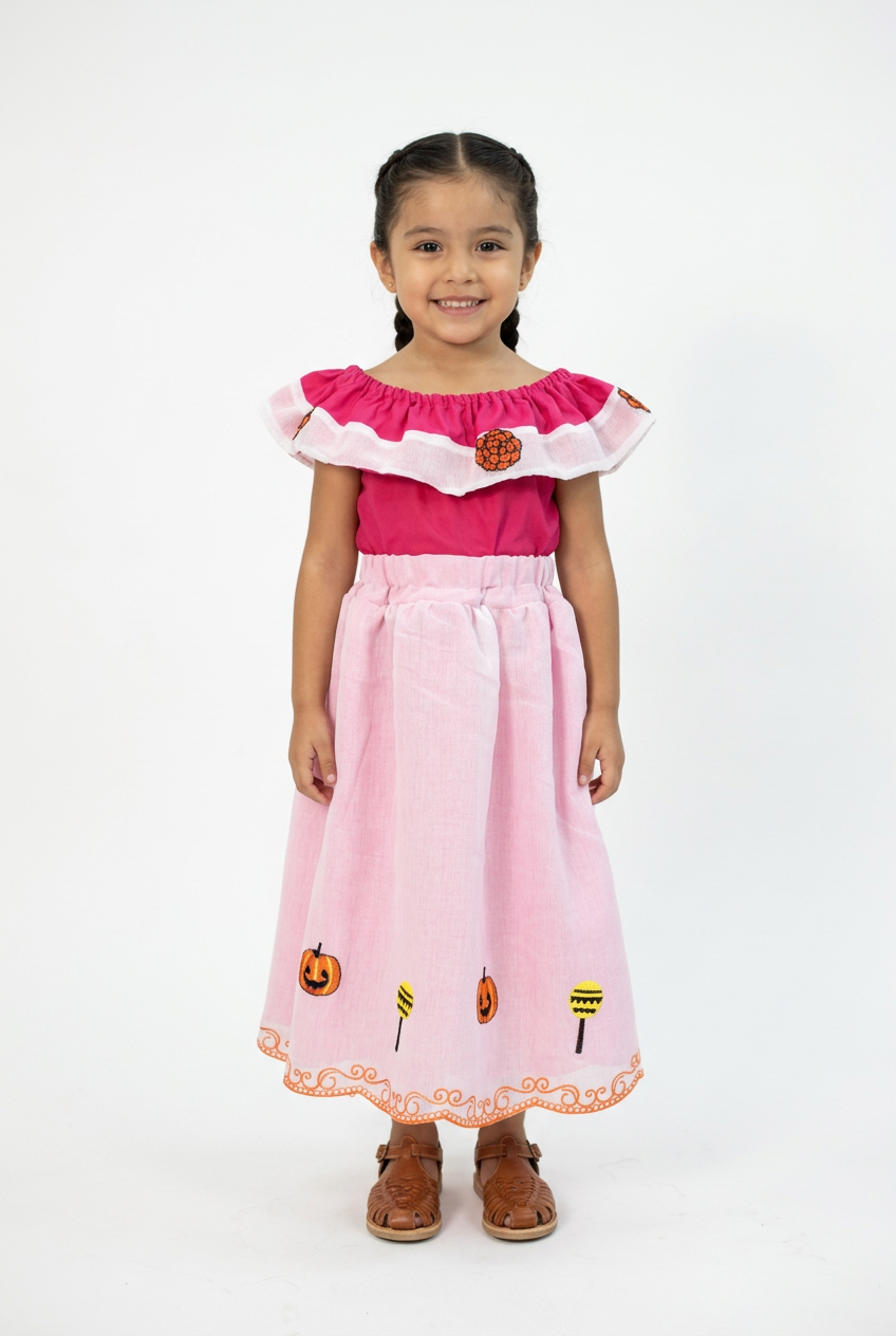 SET CATRINA BLUSA ROSA CON OLAN Y FALDA BLANCA CALABAZAS